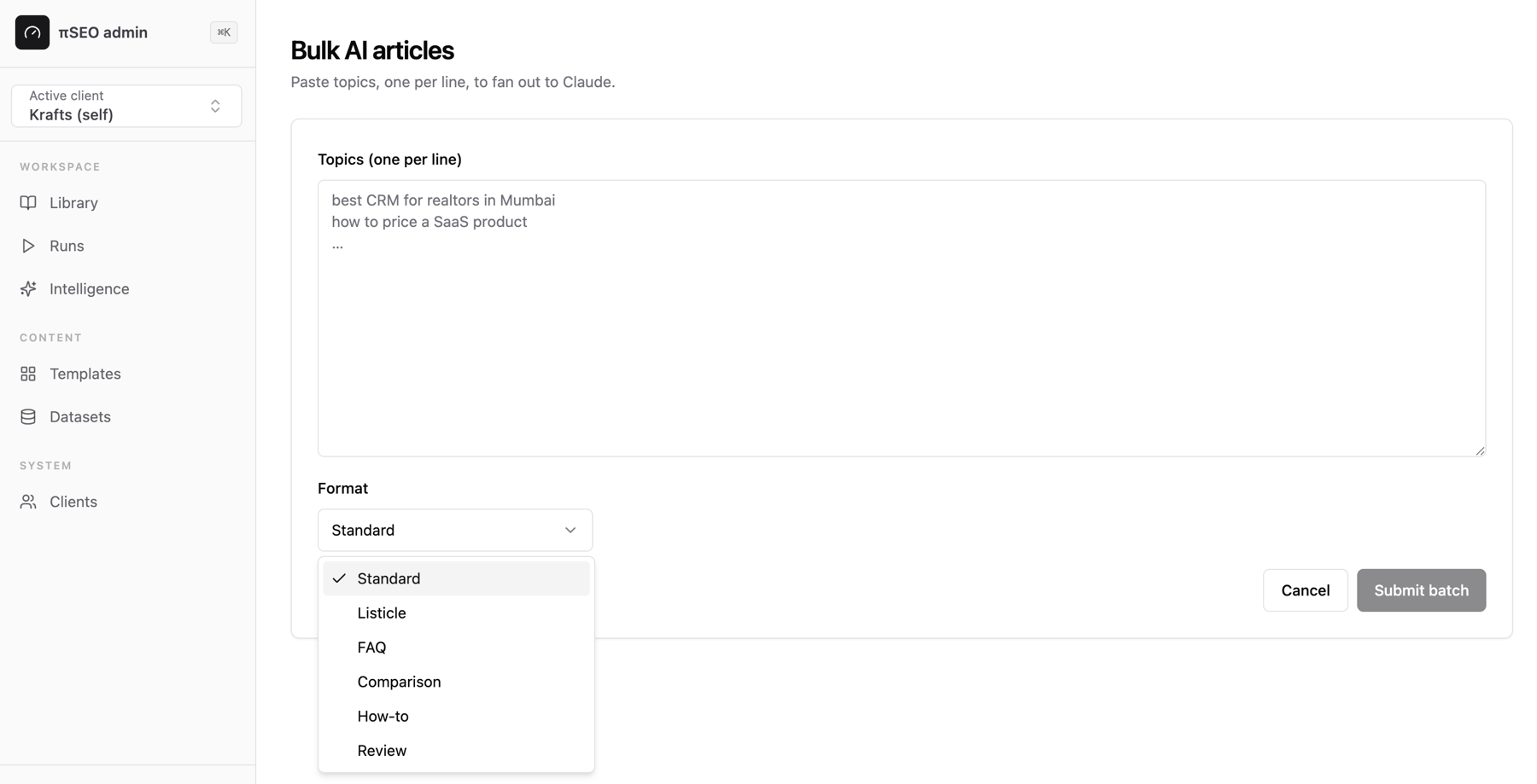πSEO · Bulk article batch